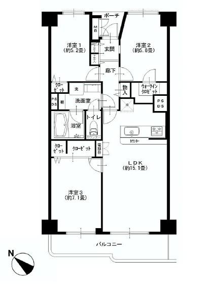 Floor plan. 3LDK, Price 34,900,000 yen, Occupied area 74.37 sq m , Balcony area 8.14 sq m