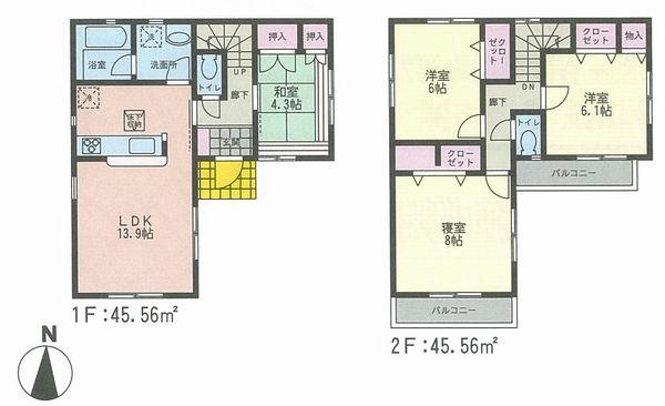 Floor plan. (Building 2), Price 36,800,000 yen, 4LDK, Land area 100.49 sq m , Building area 91.12 sq m