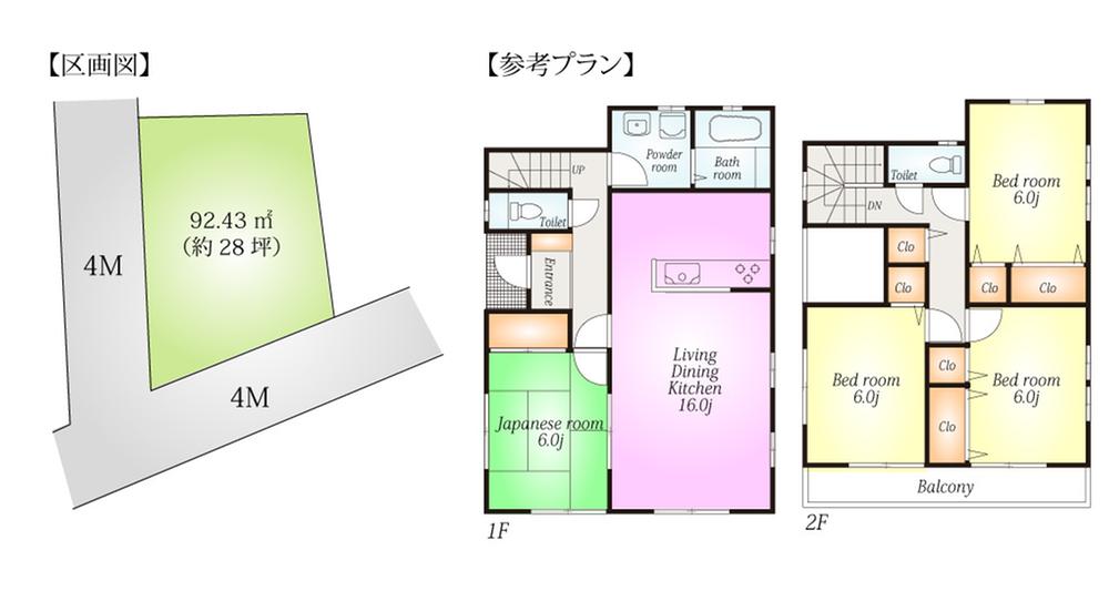 Compartment view + building plan example. Building plan example, Land price 34 million yen, Land area 92.43 sq m , Building price 13.8 million yen, Building area 100 sq m