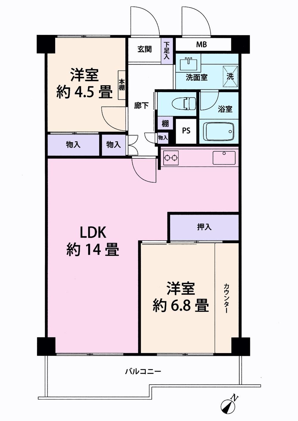 Floor plan. 2LDK, Price 11 million yen, Footprint 61.2 sq m , Balcony area 7.28 sq m