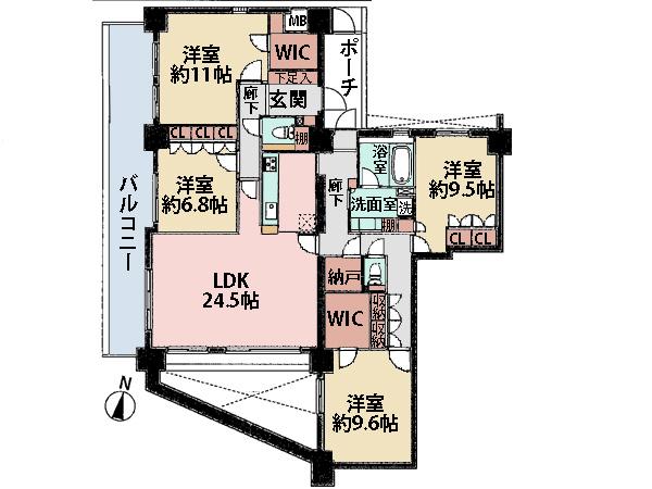 Floor plan. 4LDK + S (storeroom), Price 47,800,000 yen, The area occupied 148.5 sq m , There is a wide entrance porch to protect the balcony area 24.17 sq m privacy!