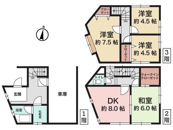 Floor plan. 24,850,000 yen, 4DK, Land area 58.15 sq m , Building area 98.58 sq m with a large built-in garage, Ease of use is a good floor plan. 