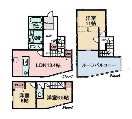 Floor plan. 25,273,000 yen, 3LDK, Land area 108.25 sq m , By the building area 93.15 sq m 3 floor in two rooms, It is also possible to change to 4LDK! 