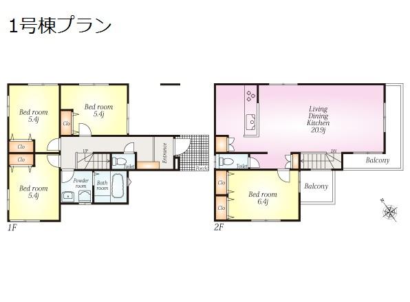 Floor plan. (1 Building), Price 44,800,000 yen, 4LDK, Land area 101.34 sq m , Building area 99.5 sq m