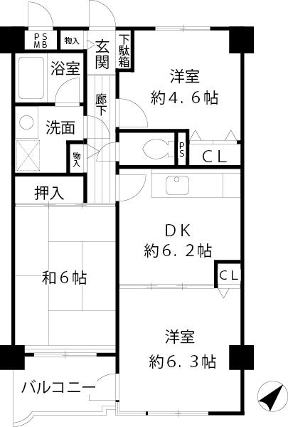 Floor plan. 3DK, Price 11.5 million yen, Occupied area 54.21 sq m , Balcony area 4.2 sq m