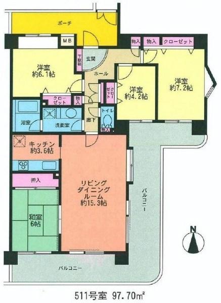 Floor plan. 4LDK, Price 27,800,000 yen, Footprint 97.7 sq m , Balcony area 33.55 sq m