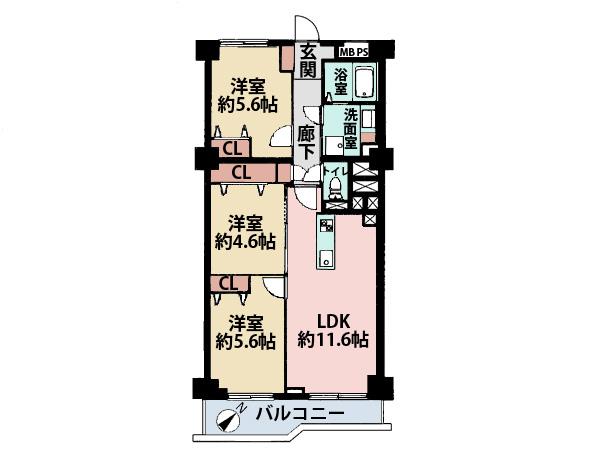Floor plan. 3LDK, Price 12,950,000 yen, Occupied area 63.84 sq m , Balcony area 6.44 sq m is with storage in all room.