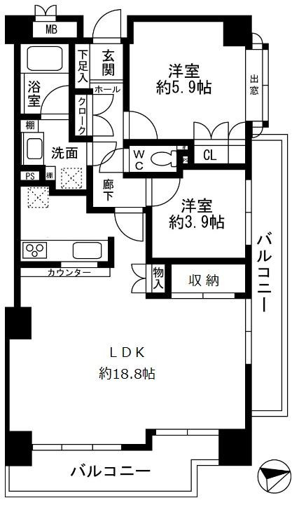 Floor plan. 2LDK, Price 10.5 million yen, Occupied area 65.83 sq m , Balcony area 13.97 sq m