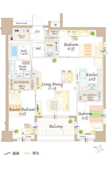 M type floor plan: 3LDK + 3WIC + SIC (occupied area / 73.80 sq m  Balcony area / 6.90 sq m) (Phase 3)