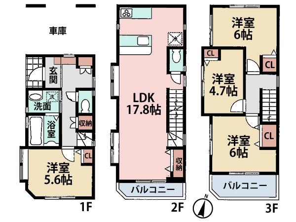 Floor plan. (1 Building), Price 33,800,000 yen, 4LDK, Land area 55.2 sq m , Building area 103.57 sq m