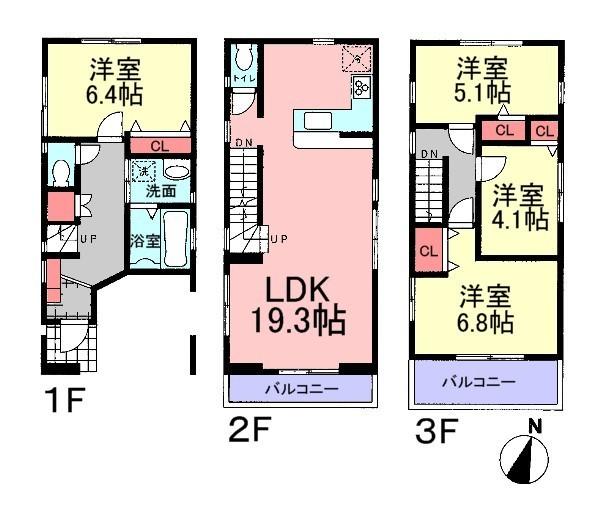 Floor plan. (3 Building), Price 32,800,000 yen, 4LDK, Land area 55 sq m , Building area 106.07 sq m