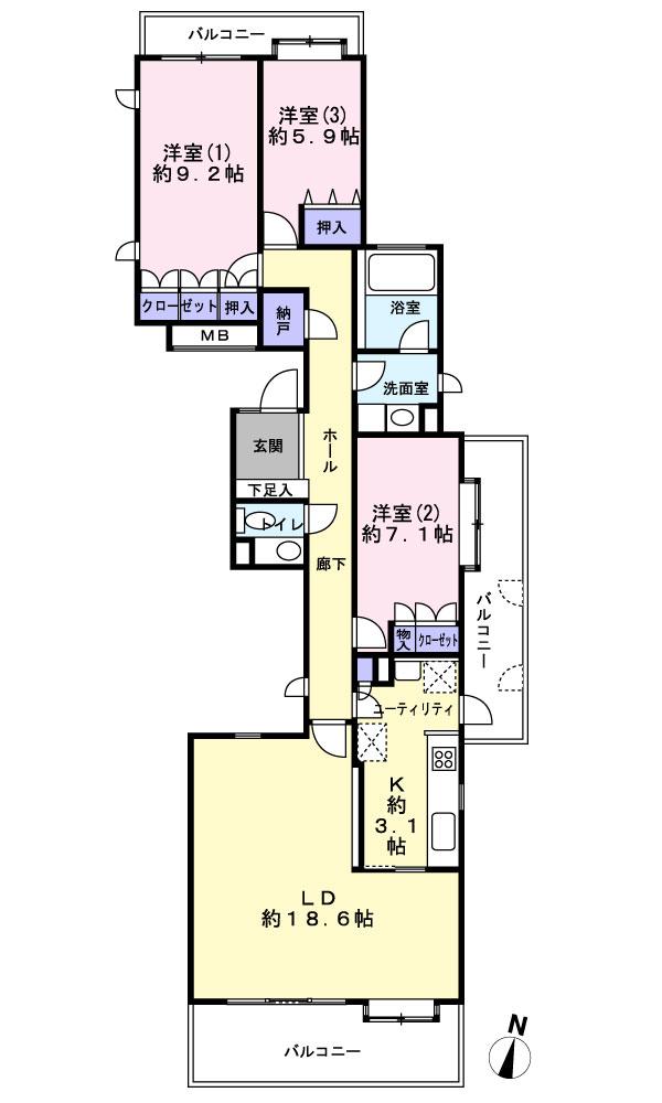 Floor plan. 3LDK, Price 24,900,000 yen, Footprint 116.01 sq m , Balcony area 27.07 sq m