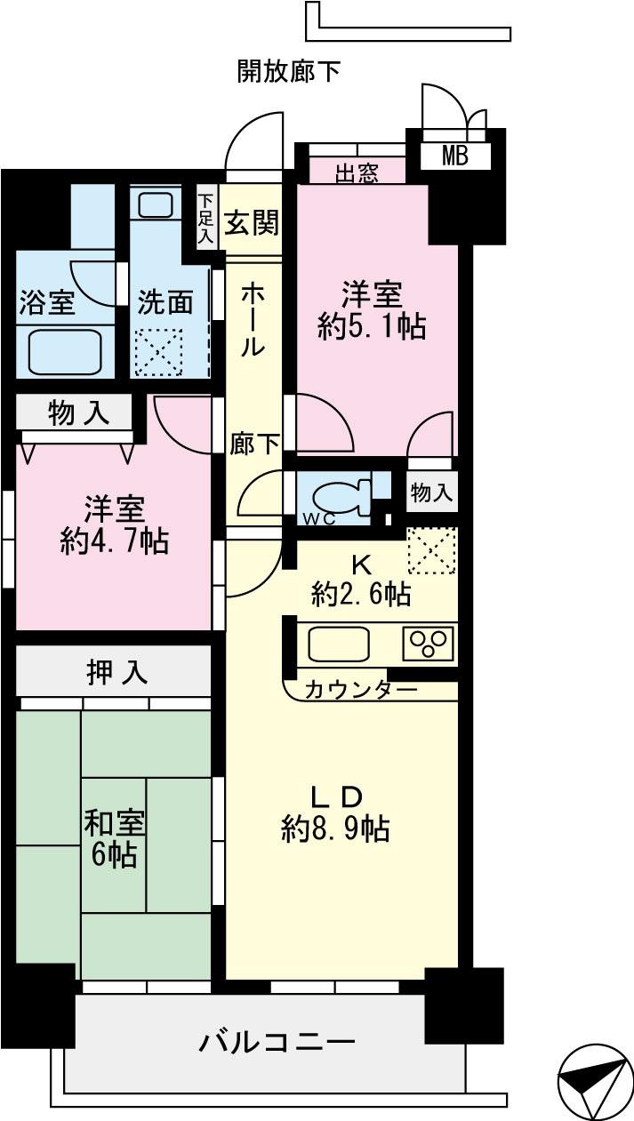 Floor plan. 3LDK, Price 23,900,000 yen, Footprint 61.6 sq m , Balcony area 7.98 sq m southeast, Southwest Corner Room