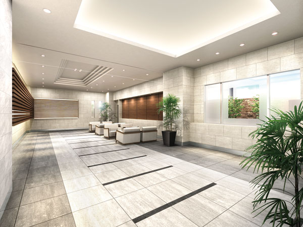 Shared facilities.  [Lobby Rendering] Hall from windbreak room, Until the lobby is paved with tiles drifting sense of quality, We have to create a sense of unity, such as flowing. Elegant limestone wall, Set up a tree to louver shape in the window. It interrupted gently the line of sight from the outside.