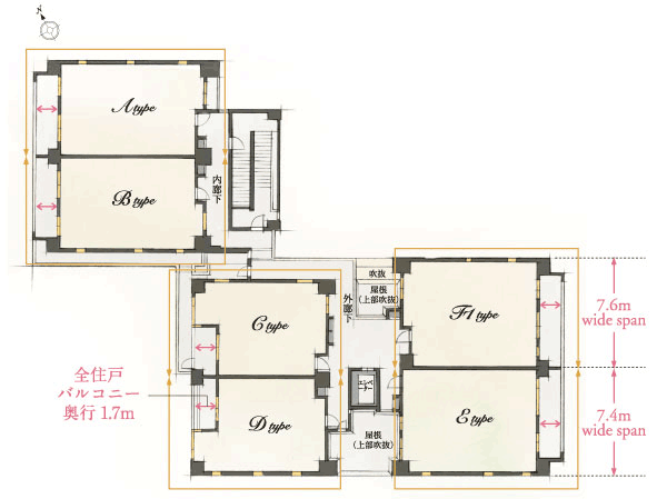 Buildings and facilities. By all of the dwelling units on the corner dwelling unit, Realize all houses three-sided opening. Southeast face of the blow-and 7m more than provided in the two places wide span dwelling unit, such as, Bright sunshine and refreshing breeze runs through airy floor plan. Also, Such as the inner corridor around the entrance, Also with consideration towards the privacy to live. (Floor plan conceptual diagram)