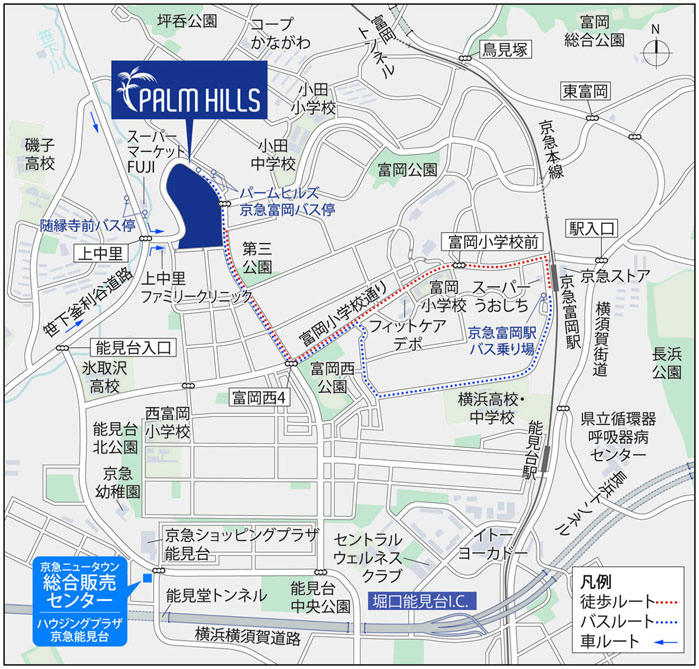 Local guide map. "Palm Hills Keikyutomioka" is, One section of mature residential area. And other public facilities, Commerce ・ Medical care ・ Education, etc., It has fully equipped facilities that are required in everyday life.