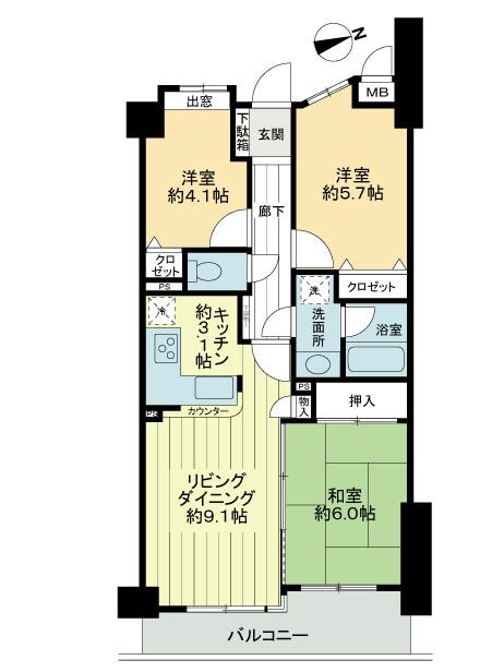 Floor plan. 3LDK, Price 19,800,000 yen, Occupied area 61.36 sq m , Balcony area 7.5 sq m floor plan