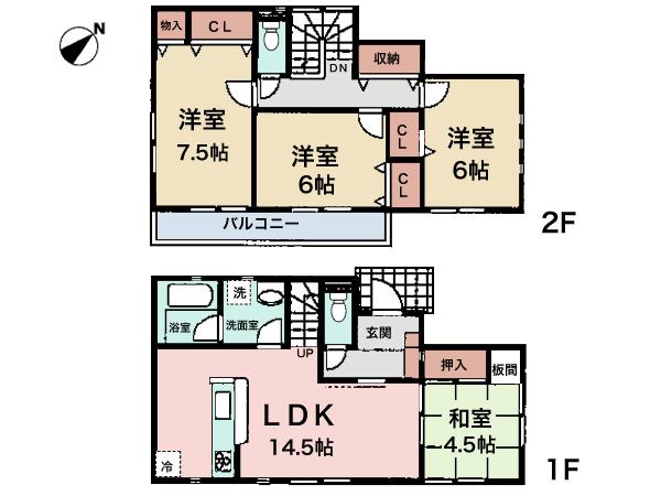 Floor plan. (1 Building), Price 36,800,000 yen, 4LDK, Land area 136.07 sq m , Building area 93.96 sq m