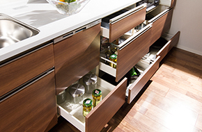 Kitchen.  [Slide storage] Adopted also taken out easily slide storage cookware that closed in the back. You can organize the kitchen pots and tableware such as efficiently.