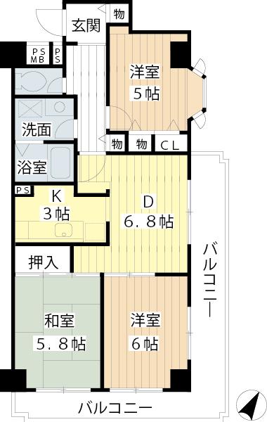 Floor plan. 3DK, Price 15.3 million yen, Occupied area 62.28 sq m , Balcony area 13.69 sq m southeast angle, L-shaped balcony, Renovation Property! !
