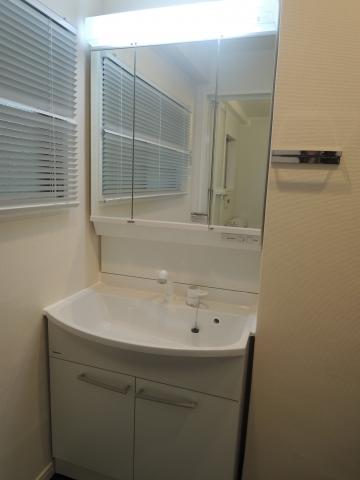 Wash basin, toilet. Three-sided mirror type vanities with shower