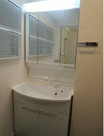 Wash basin, toilet. Vanity triple mirror type