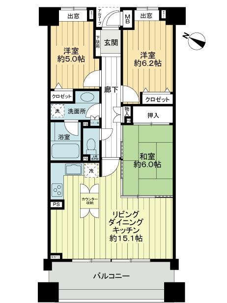 Floor plan. 3LDK, Price 33,800,000 yen, Occupied area 71.94 sq m , Balcony area 12.4 sq m