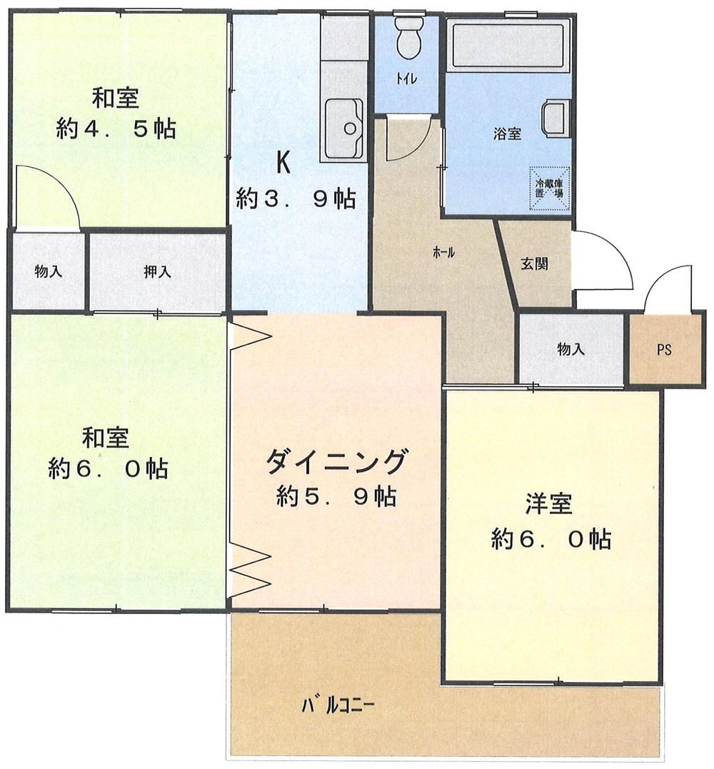 Floor plan. 3DK, Price 8.9 million yen, Occupied area 56.91 sq m , Balcony area 7.19 sq m southeast direction ・ Yang per well of 3DK ・ 56.91 sq m franc ・ Pets welcome breeding (breeding bylaws have)