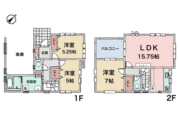 Floor plan. 30,800,000 yen, 3LDK, Land area 72.75 sq m , Building area 95.37 sq m parking, Happy also not good wife of the garage, Fathom ~ Front road have! Day in the corner lot ・ It is ventilation good!