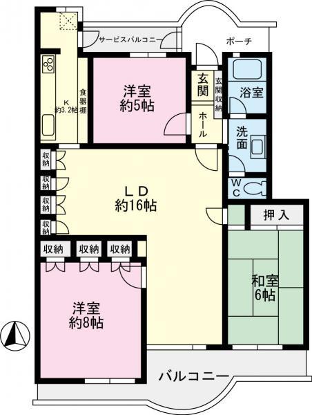 Floor plan. 3LDK, Price 16 million yen, Footprint 81.6 sq m , Balcony area 2.64 sq m