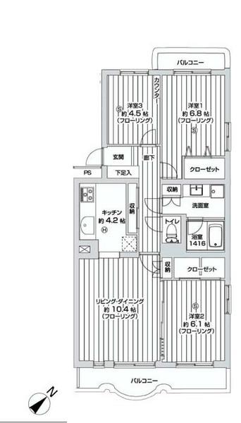 Floor plan. 3LDK, Price 17.8 million yen, Occupied area 72.85 sq m , Day is good on the balcony area 9.98 sq m two-sided balcony