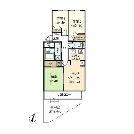 Floor plan. 3LDK, Price 18.9 million yen, Occupied area 66.96 sq m , Balcony area 6.6 sq m 1 floor, 3LDK + WIC + private garden with