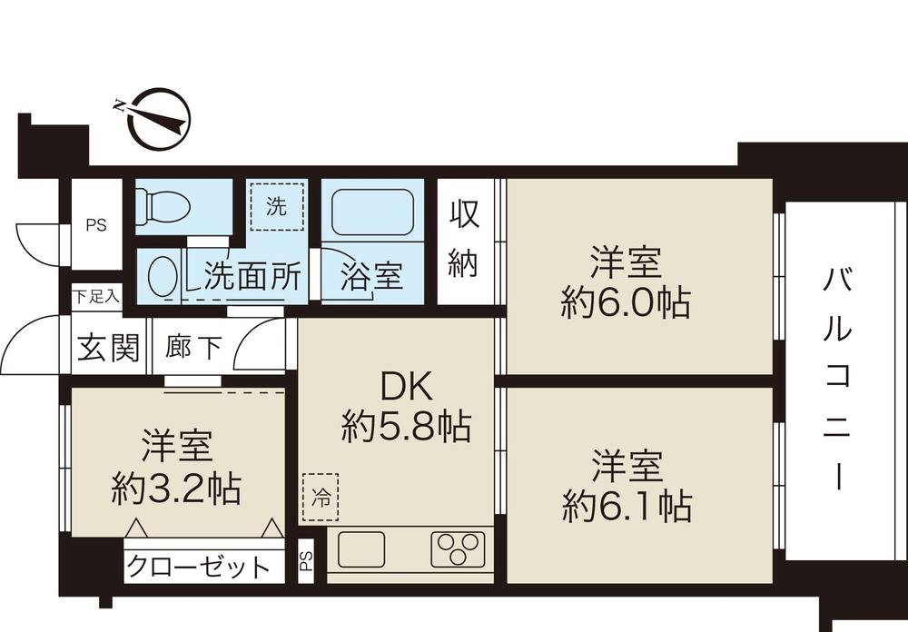 Floor plan. 3DK, Price 14.8 million yen, Footprint 49.5 sq m , For the south-facing balcony area 8.25 sq m 6 floor, View ・ Good is per yang.