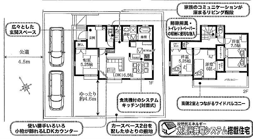 Floor plan. 45,800,000 yen, 4LDK, Land area 175.52 sq m , Building area 98.54 sq m car space two possible. There is a garden with a space on the south side.