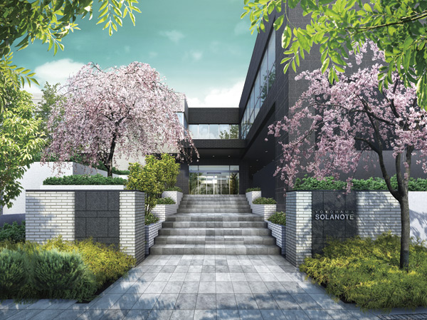 Shared facilities.  [Entrance approach Rendering CG] Not only the presence of a building, One of the ideas to incorporate the design of as the face of Yingbin, Entrance approach space in which it extends into the sky. While it fused with lush surrounding environment, I would like to have the impact of this location unique, An attempt was made to approach with a unique step towards the sky.