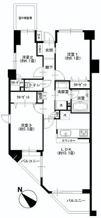 Floor plan. 3LDK, Price 29,900,000 yen, Occupied area 64.08 sq m , Balcony area 7.03 sq m per yang ・ View good top floor ・ Southwest Corner Room