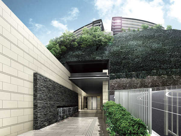Features of the building.  [Grand gate] Grand gate provided a 4-minute walk from JR Isogo Station. There are, As it has flowed down from the top of the Shimizugaoka who like springs, Wall of water has produced a refreshing air. (Grand gate Rendering CG)