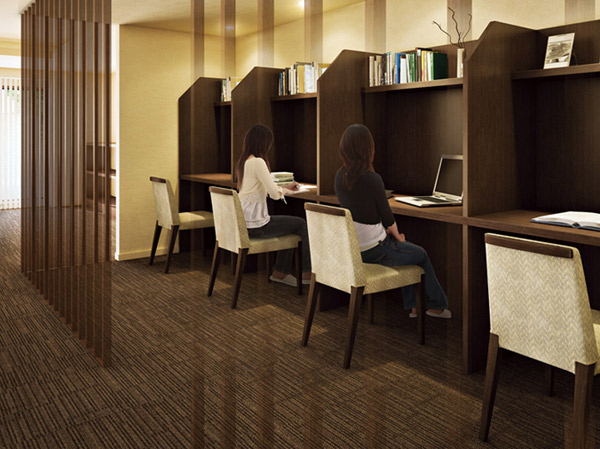 Features of the building.  [Library room] Library of calm atmosphere, Also established private booth that can be used for personal. Also available personal computer by LAN. (Library Room Rendering CG)
