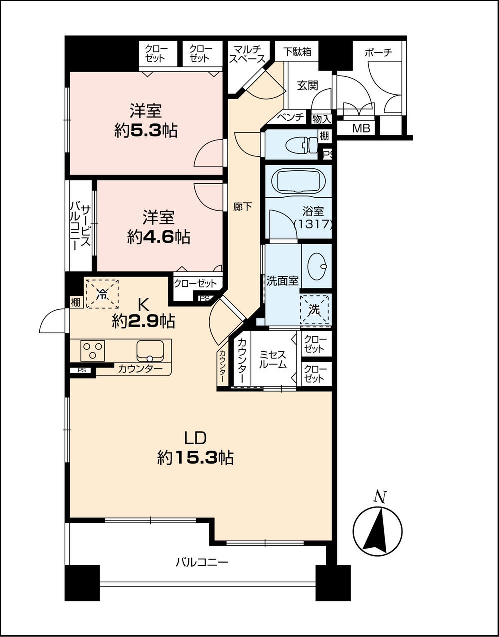 Floor plan. 2LDK, Price 20.8 million yen, Occupied area 71.01 sq m , Balcony area 7.9 sq m