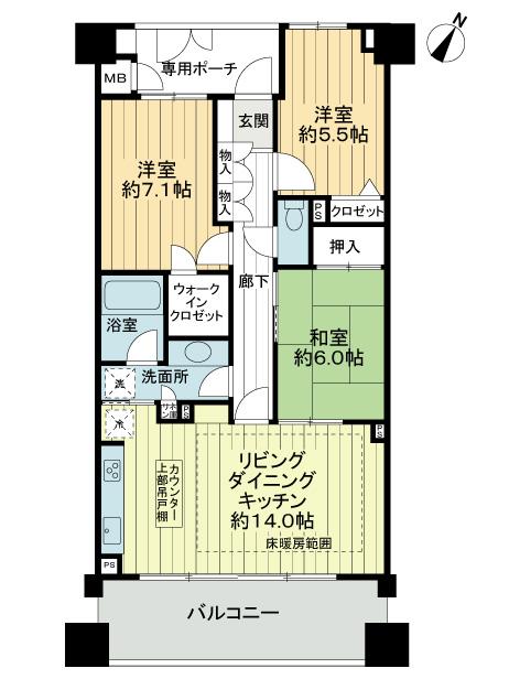 Floor plan. 3LDK, Price 32,800,000 yen, Occupied area 75.31 sq m , Balcony area 13.6 sq m