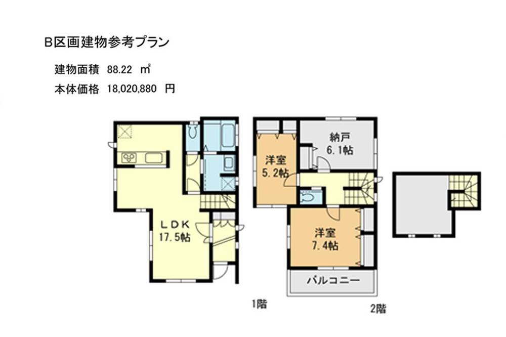 Building plan example (floor plan). Building plan example (B compartment) 2LDK + 2S, Land price 21,800,000 yen, Land area 82.78 sq m , Building price 18,021,000 yen, Building area 88.22 sq m