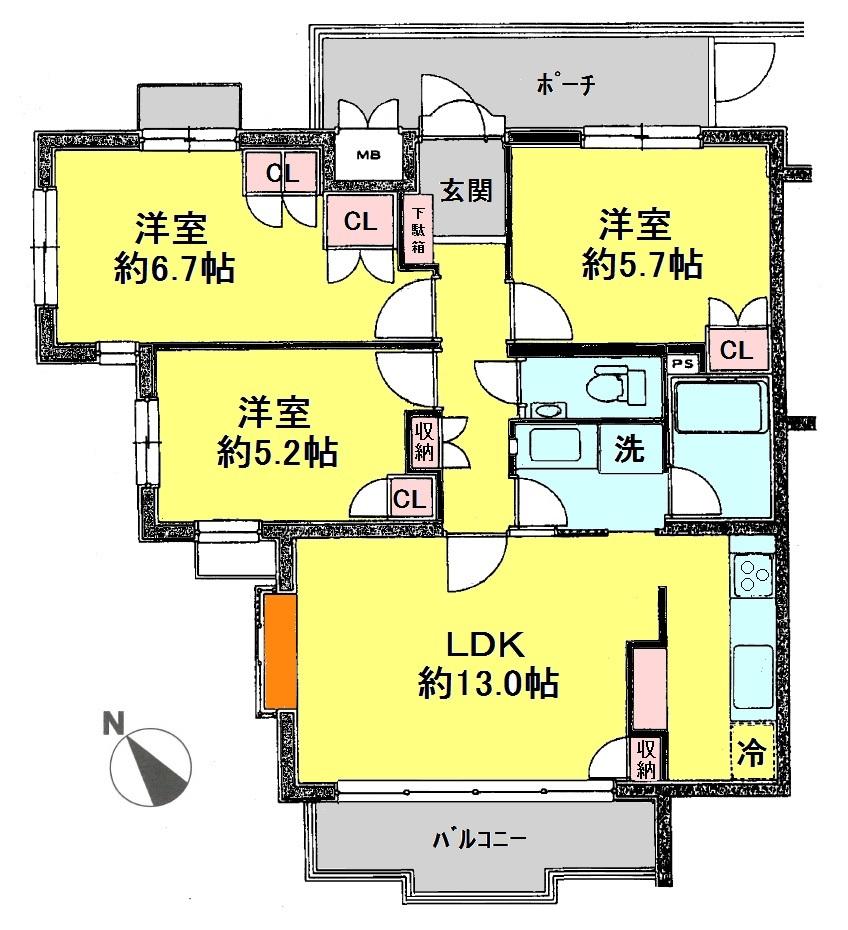 Floor plan. 3LDK, Price 26,800,000 yen, Occupied area 69.55 sq m , Balcony area 5.91 sq m floor plan