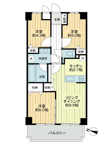 Floor plan. 3LDK, Price 21,800,000 yen, Occupied area 61.58 sq m , Balcony area 7.84 sq m