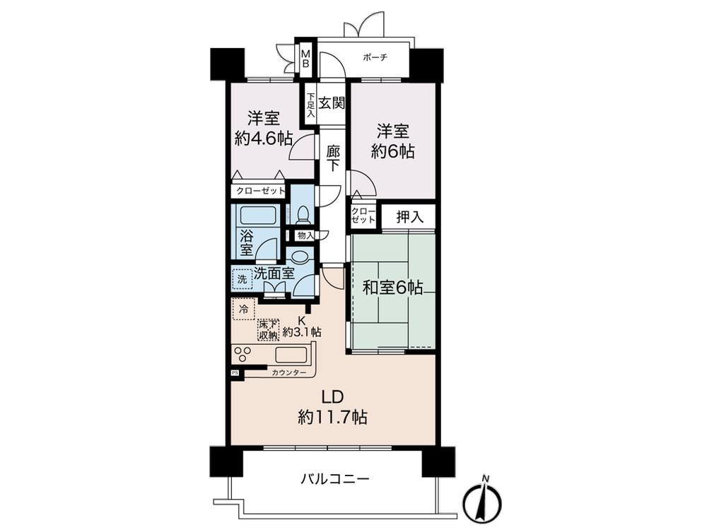 Floor plan. 3LDK, Price 22,800,000 yen, Occupied area 66.49 sq m , Balcony area 12.1 sq m