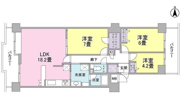 Floor plan. 3LDK, Price 21.9 million yen, Footprint 77.4 sq m , Balcony area 18.03 sq m Furnished Property.