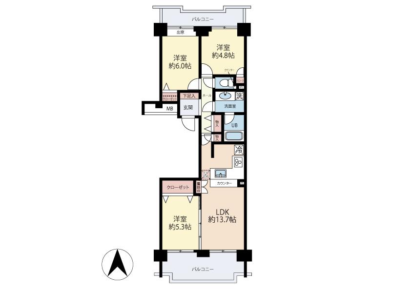 Floor plan. 3LDK, Price 36,800,000 yen, Occupied area 68.49 sq m , Balcony area 19.29 sq m