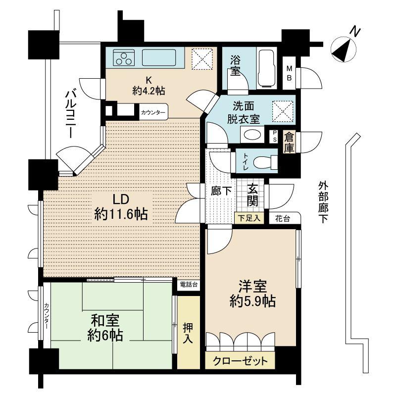 Floor plan. 2LDK, Price 22,800,000 yen, Occupied area 61.46 sq m , Balcony area 6.34 sq m floor plan