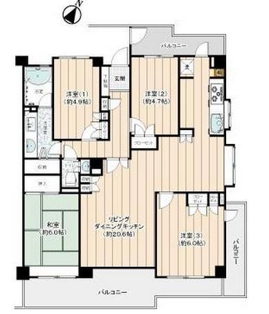 Floor plan. 4LDK, Price 24,800,000 yen, Occupied area 95.77 sq m , Balcony area 24.38 sq m top floor of the three-direction room! Day ・ ventilation ・ Good view