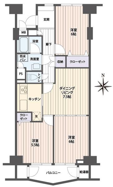 Floor plan. 3LDK, Price 16,980,000 yen, Occupied area 63.31 sq m , Balcony area 4.88 sq m