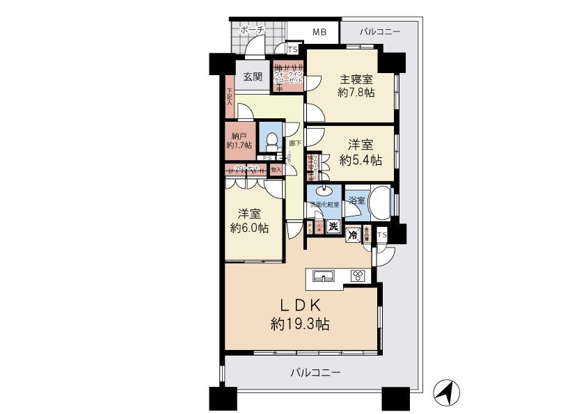 Floor plan. 3LDK, Price 69,800,000 yen, Occupied area 92.62 sq m , Balcony area 37.31 sq m